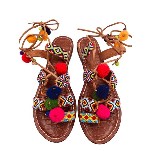 SIZE 7.5 Sam Edelman Lisabeth Beaded Charm Pom Boho Hippie Leather Sandals - Picture 12 of 12